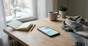 Mobiltelefon bredvid anteckningsbok på ett ljust bord i svensk hemmiljö