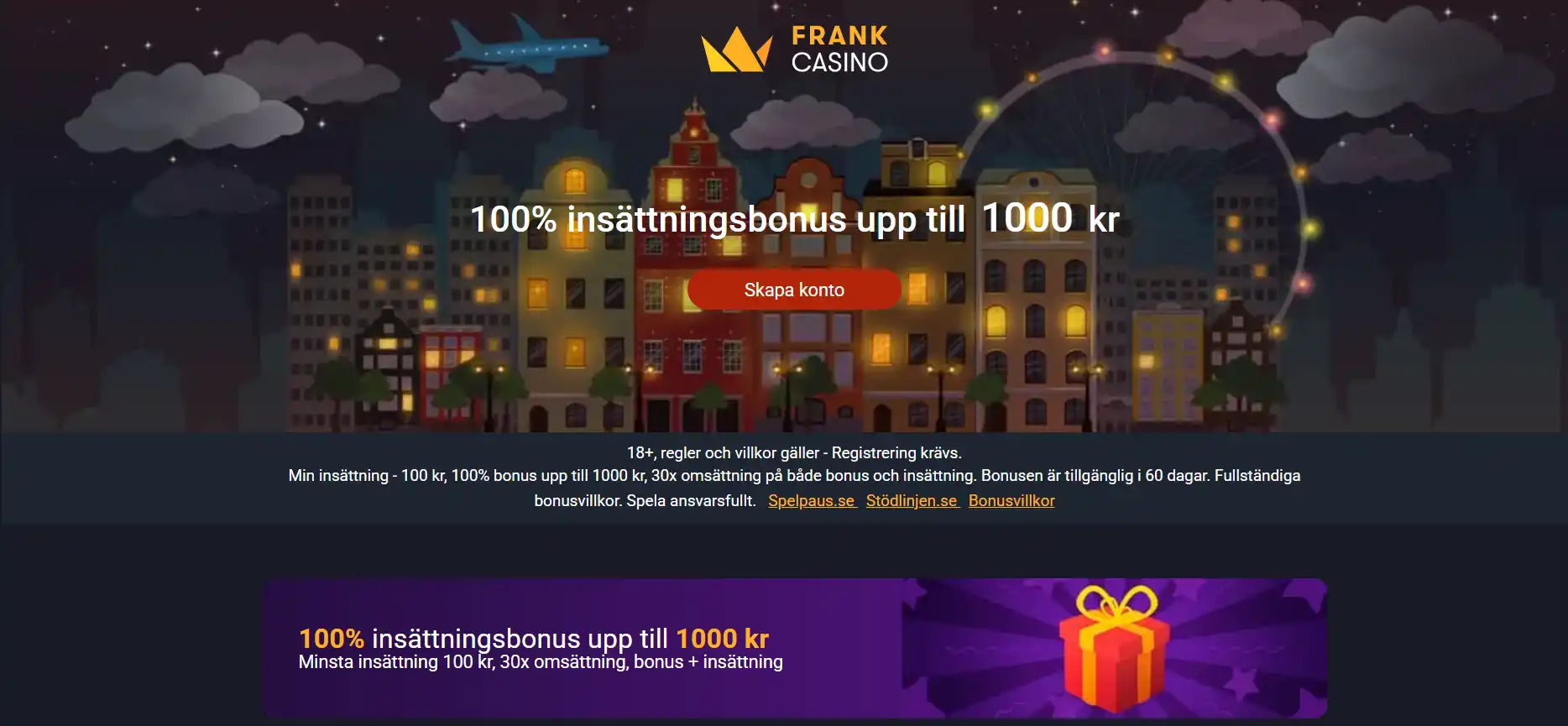 Skärmbild av Frank Casinos svenska startsida med sidans navigering och spelkategorier