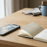 Telefon och bankanteckningsbok bredvid ett glas vatten på en enkel skrivbordsyta