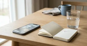 Telefon och bankanteckningsbok bredvid ett glas vatten på en enkel skrivbordsyta